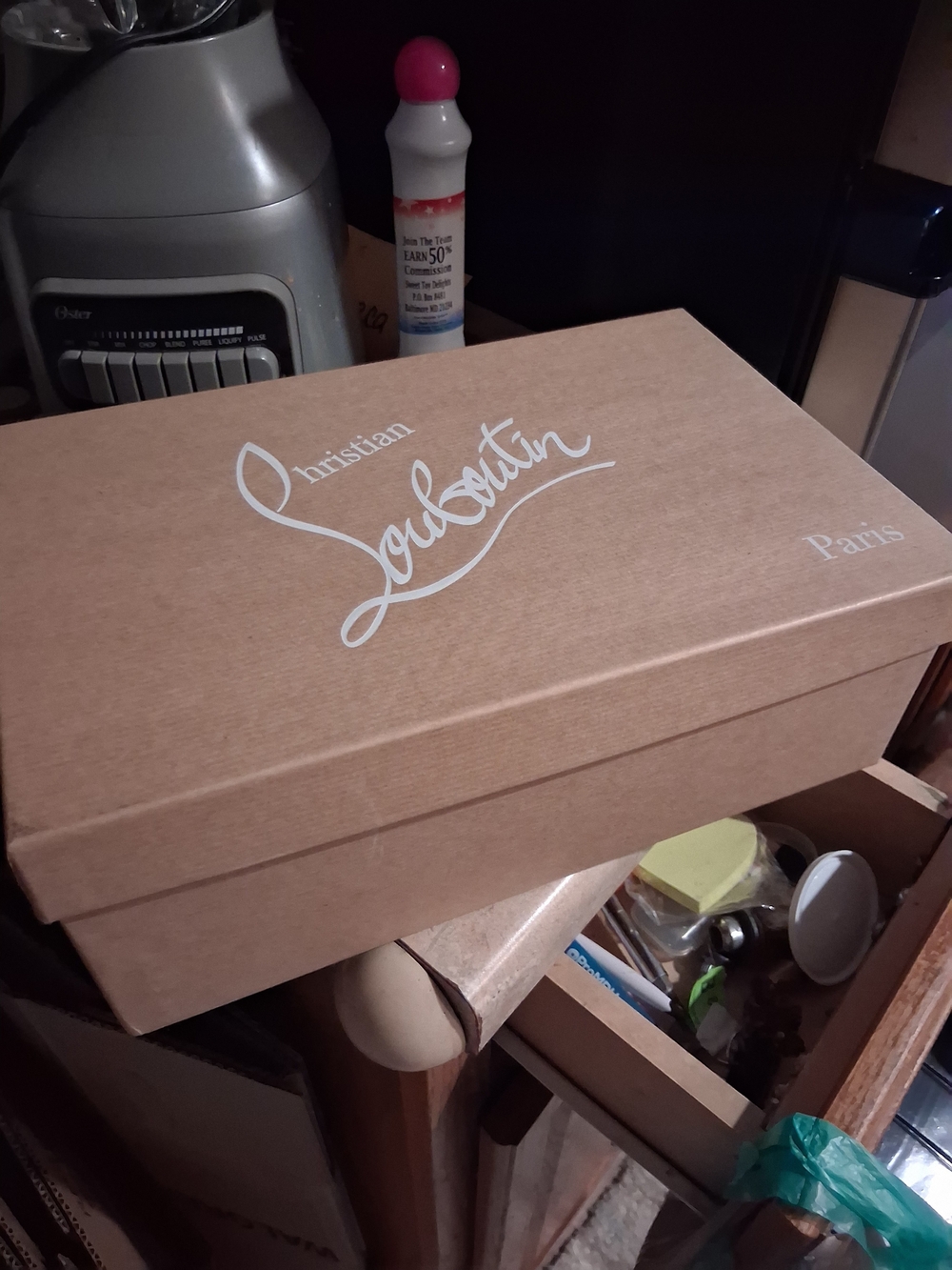 Christian Louboutin Tan Storage Box with White Script Logo